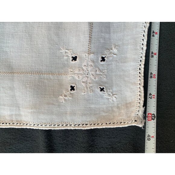 Vintage White Linen Table Runner with Embroidered Floral Details 15x48 - Picture 9 of 10